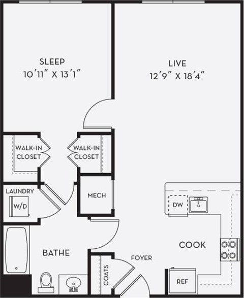 Floor plan for 1 bed, 1 bath, 758 sqft
