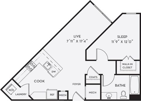 Floor plan for 1 bed, 1 bath, 656 sqft