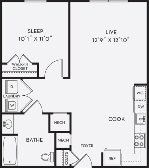 Floor plan for 1 bed, 1 bath, 686 sqft