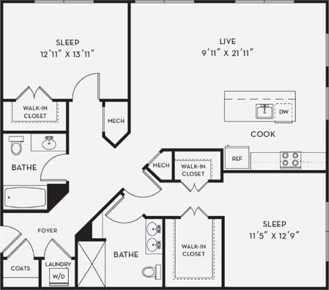 Floor plan for 2 beds, 2 baths, 1214 sqft