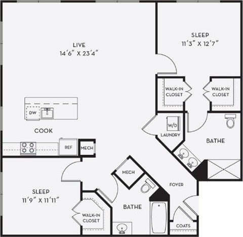 Floor plan for 2 beds, 2 baths, 1263 sqft