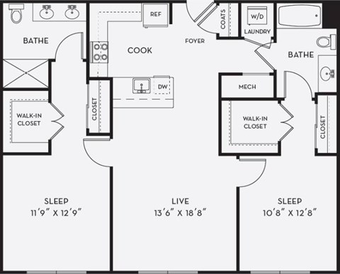 Floor plan for 2 beds, 2 baths, 1128 sqft
