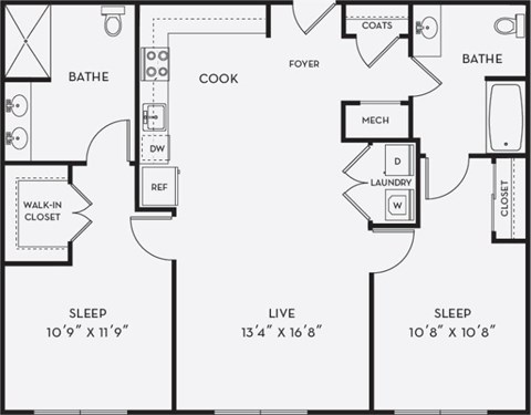 Floor plan for 2 beds, 2 baths, 1063 sqft