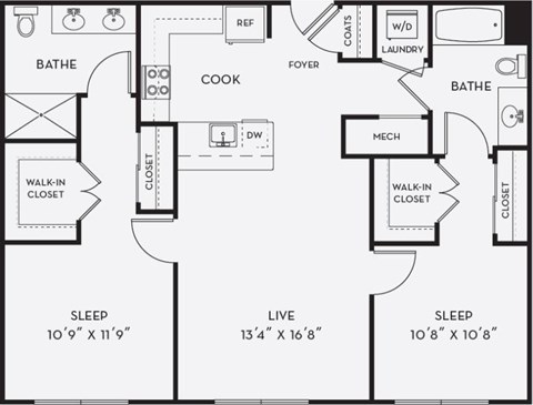 Floor plan for 2 beds, 2 baths, 1062 sqft