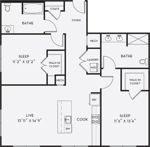 Floor plan for 2 beds, 2 baths, 1210 sqft