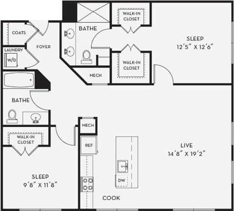 Floor plan for 2 beds, 2 baths, 1169 sqft