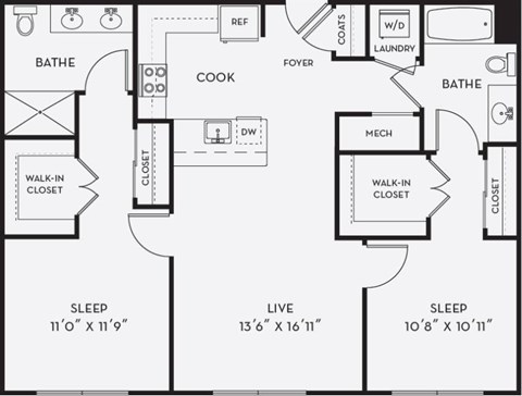 Floor plan for 2 beds, 2 baths, 1045 sqft