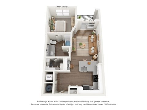 Floor plan for 1 bed, 1 bath, 658 sqft