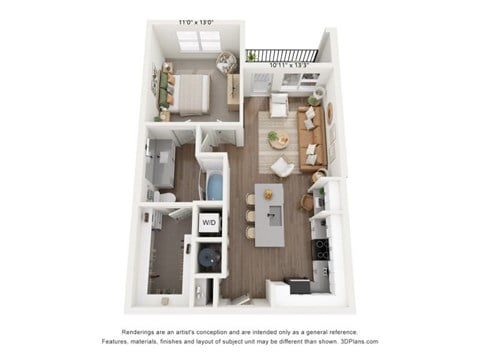 Floor plan for 1 bed, 1 bath, 712 sqft