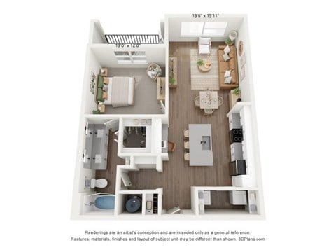 Floor plan for 1 bed, 1 bath, 862 sqft