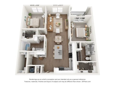 Floor plan for 2 beds, 2 baths, 1129 sqft