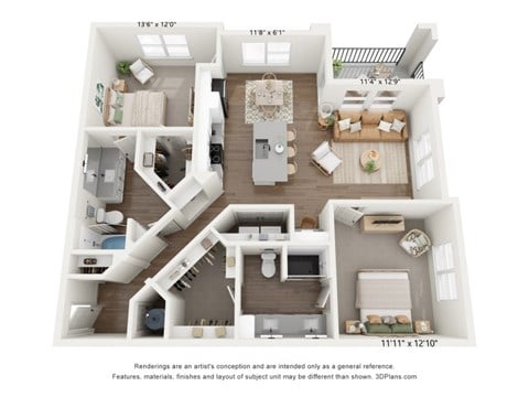 Floor plan for 2 beds, 2 baths, 1200 sqft