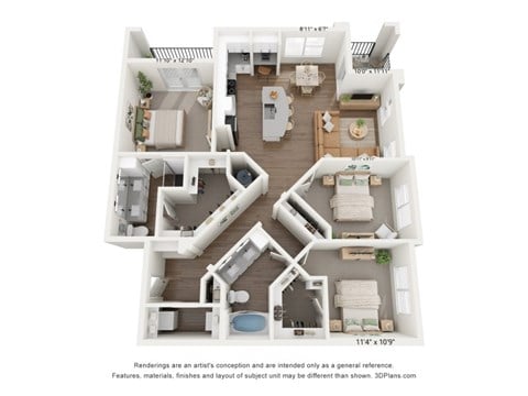 Floor plan for 3 beds, 2 baths, 1368 sqft