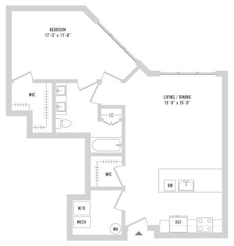 Floor plan for 1 bed, 1 bath, 902 sqft