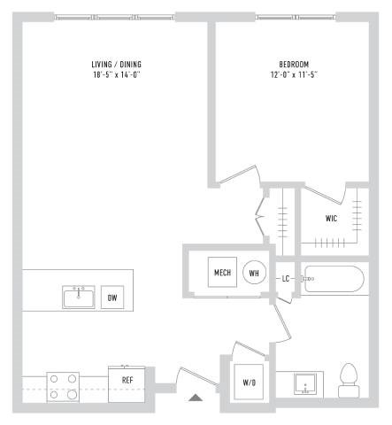 Floor plan for 1 bed, 1 bath, 781 sqft