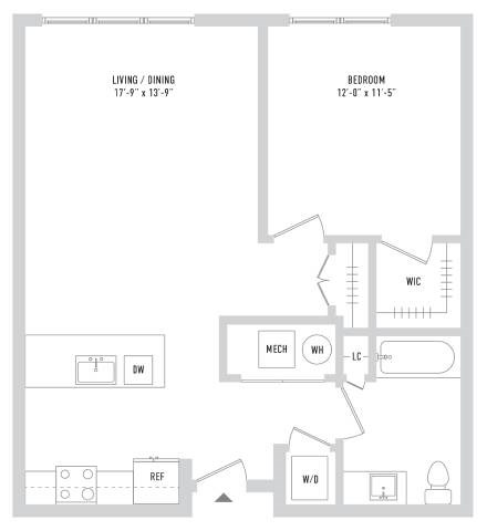 Floor plan for 1 bed, 1 bath, 756 sqft