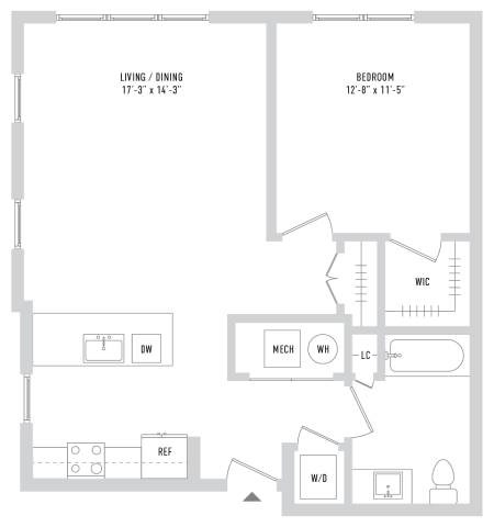 Floor plan for 1 bed, 1 bath, 782 sqft