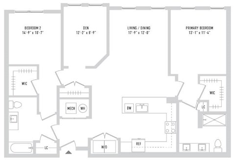 Floor plan for 2 beds, 2 baths, 1396 sqft