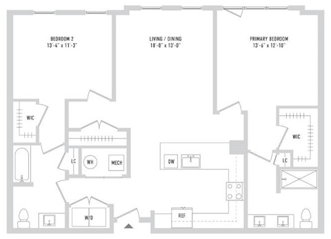 Floor plan for 2 beds, 2 baths, 1253 sqft