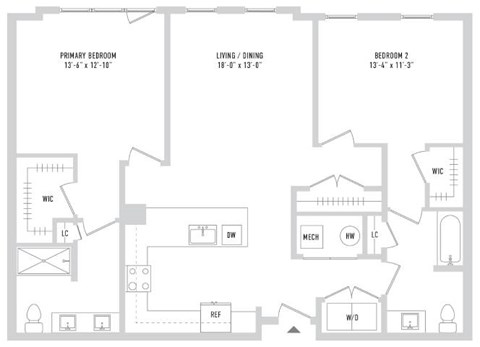 Floor plan for 2 beds, 2 baths, 1256 sqft