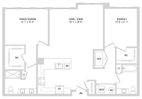 Floor plan for 2 beds, 2 baths, 1378 sqft