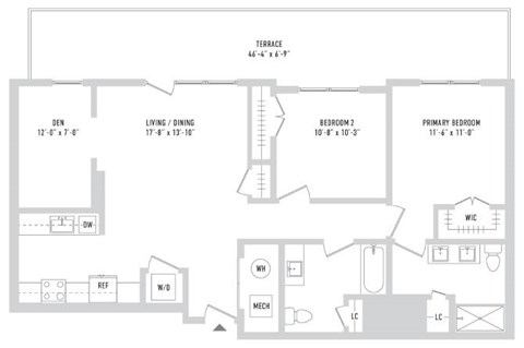 Floor plan for 2 beds, 2 baths, 1136 sqft