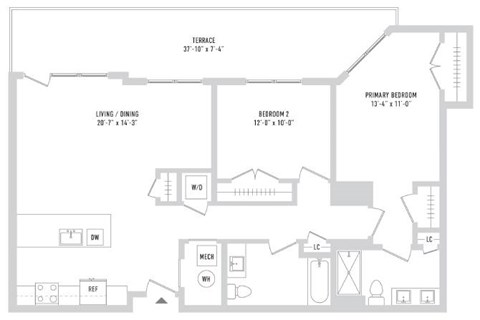 Floor plan for 2 beds, 2 baths, 1160 sqft