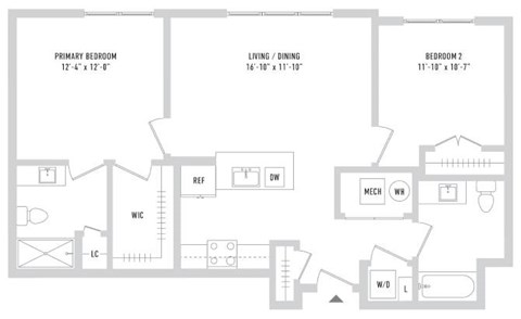 Floor plan for 2 beds, 2 baths, 972 sqft