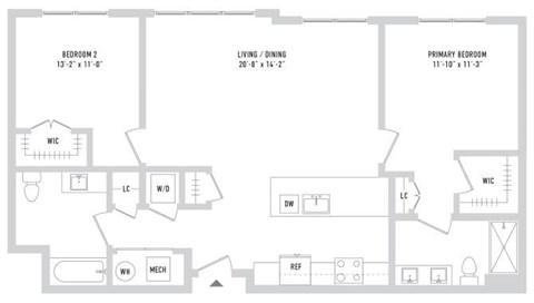 Floor plan for 2 beds, 2 baths, 1101 sqft