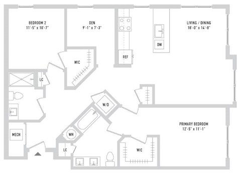 Floor plan for 2 beds, 2 baths, 1262 sqft