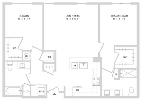 Floor plan for 2 beds, 2 baths, 1165 sqft