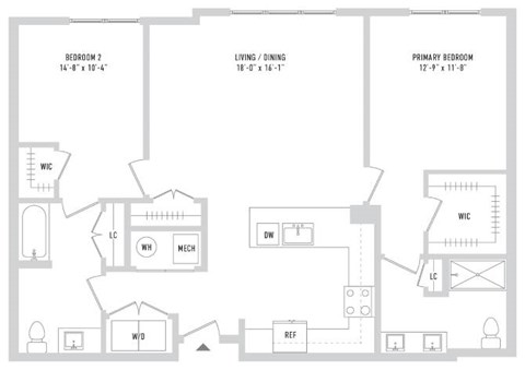 Floor plan for 2 beds, 2 baths, 1218 sqft