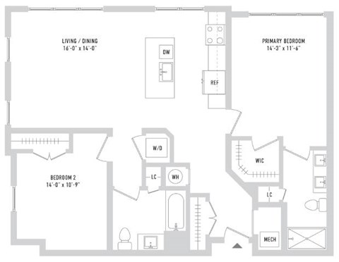 Floor plan for 2 beds, 2 baths, 1108 sqft