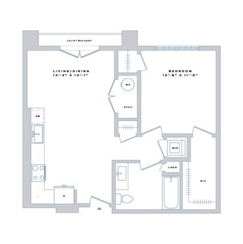 Floor plan for 1 bed, 1 bath, 732 sqft