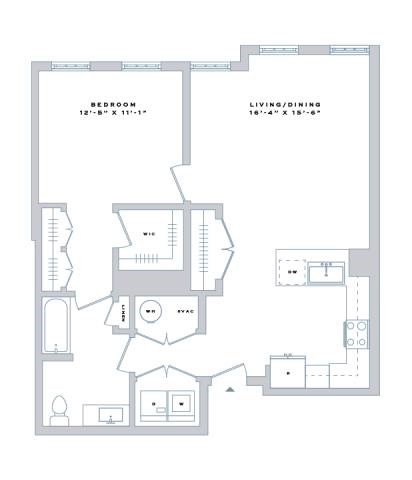 Floor plan for 1 bed, 1 bath, 871 sqft