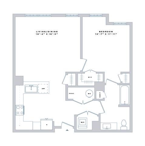 Floor plan for 1 bed, 1 bath, 862 sqft