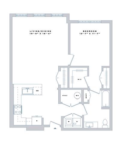 Floor plan for 1 bed, 1 bath, 959 sqft