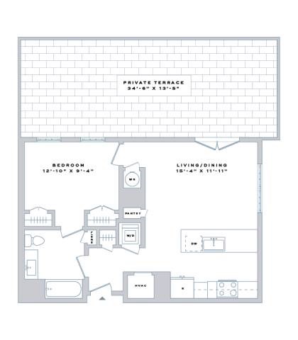 Floor plan for 1 bed, 1 bath, 721 sqft