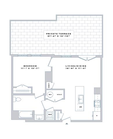 Floor plan for 1 bed, 1 bath, 720 sqft