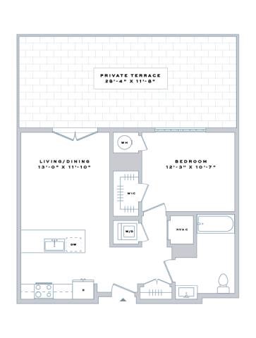 Floor plan for 1 bed, 1 bath, 678 sqft