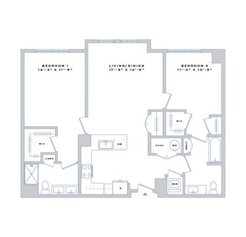 Floor plan for 2 beds, 2 baths, 1127 sqft