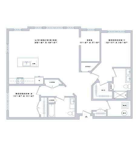 Floor plan for 2 beds, 2 baths, 1740 sqft
