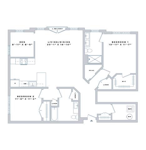 Floor plan for 2 beds, 2 baths, 1405 sqft