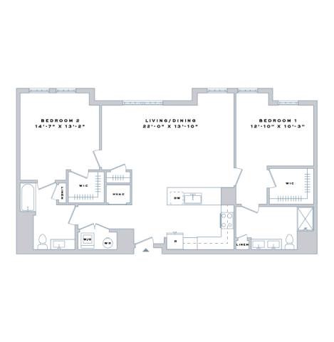 Floor plan for 2 beds, 2 baths, 1299 sqft