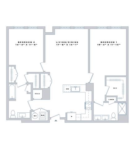 Floor plan for 2 beds, 2 baths, 1214 sqft
