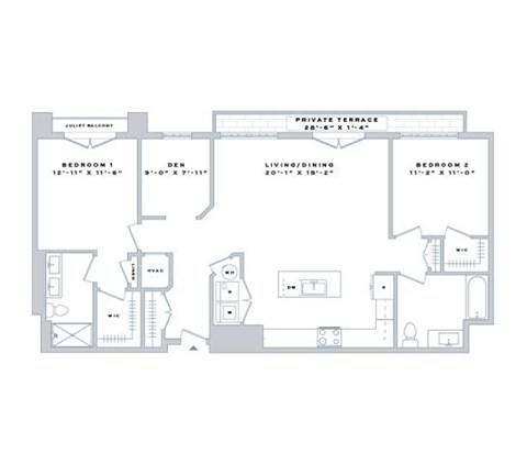 Floor plan for 2 beds, 2 baths, 1313 sqft