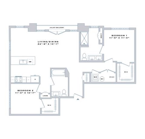 Floor plan for 2 beds, 2 baths, 1161 sqft
