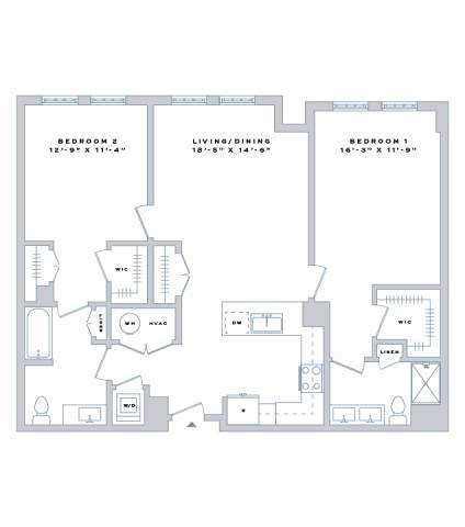 Floor plan for 2 beds, 2 baths, 1205 sqft