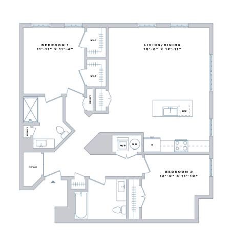 Floor plan for 2 beds, 2 baths, 1197 sqft