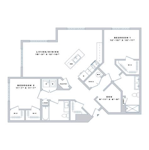 Floor plan for 2 beds, 2 baths, 1444 sqft